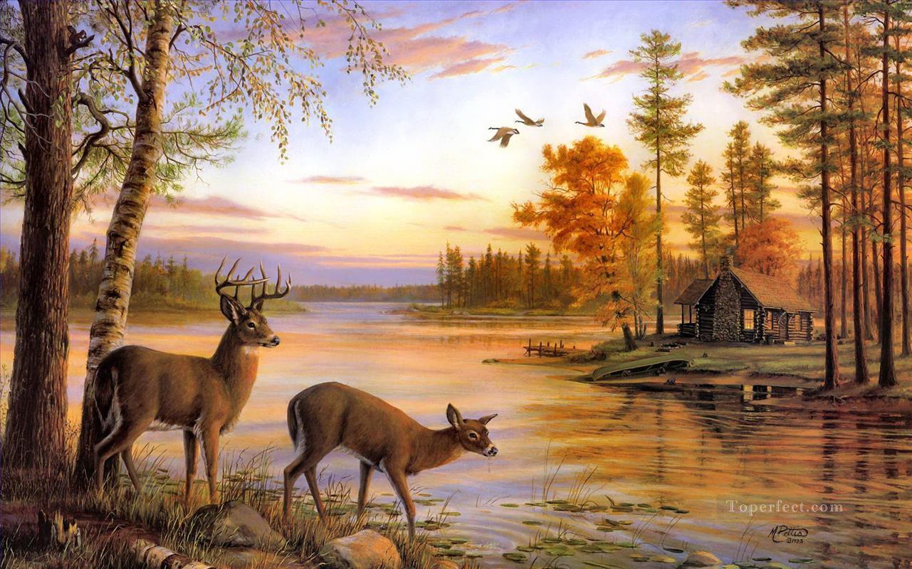 鹿 自然 川 カバノキ油絵